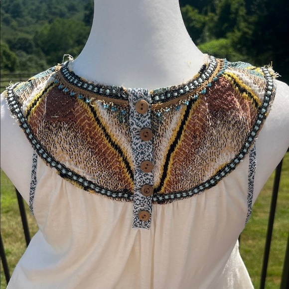 VTG Free People Embellished Boho Tank Top Beaded Yoke Ivory Size S asymetrical - Picture 5 of 10
